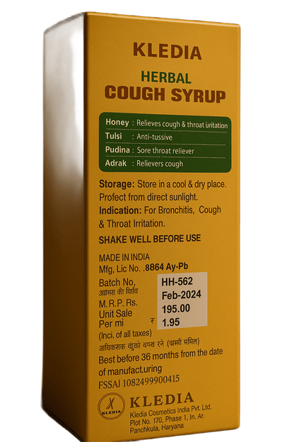 KLEDIA Herbal Cough Syrup - Fast Acting Relief with Ginger, Tulsi & Honey (100ml)